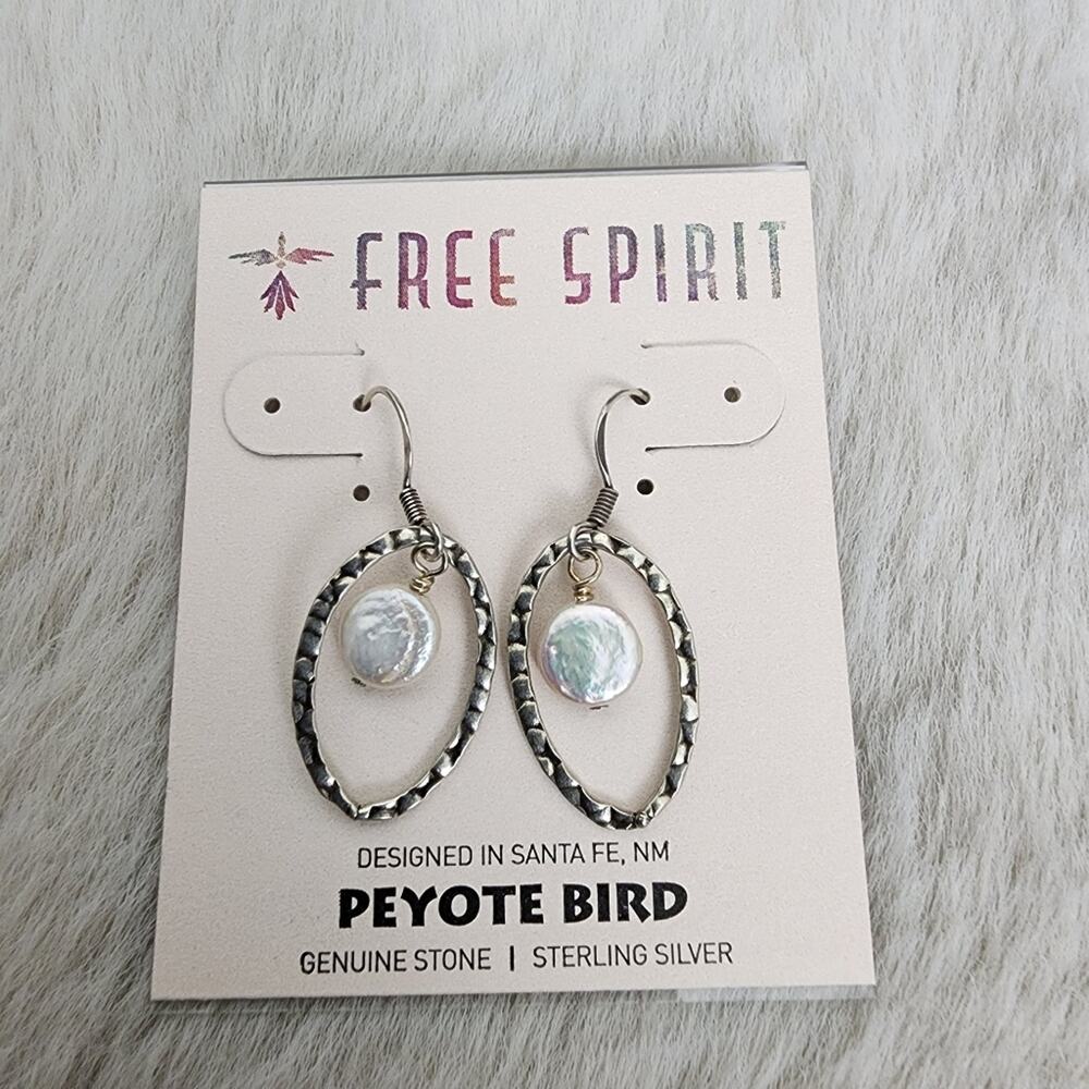 Peyote Bird Sterling Silver Hoop & Freshwater Pearl Drop Hook Earrings NWT 1.5"